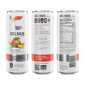 Celsius label close-up showing zero sugar and premium ingredients.