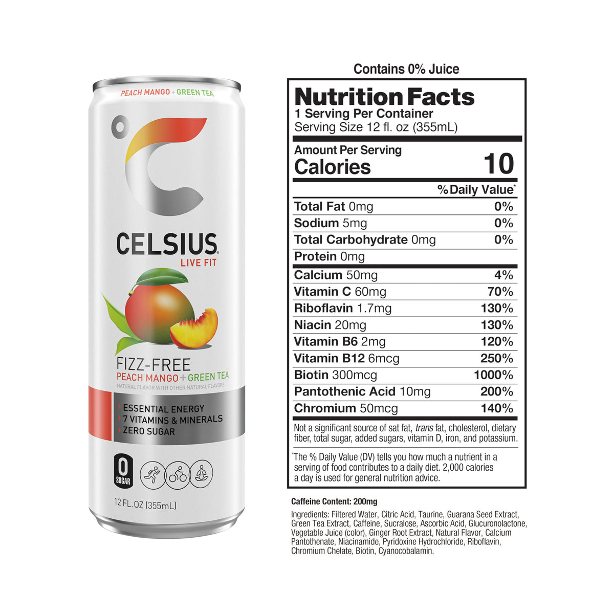 Celsius Peach Mango pour demonstrates crisp non-carbonated flavor.