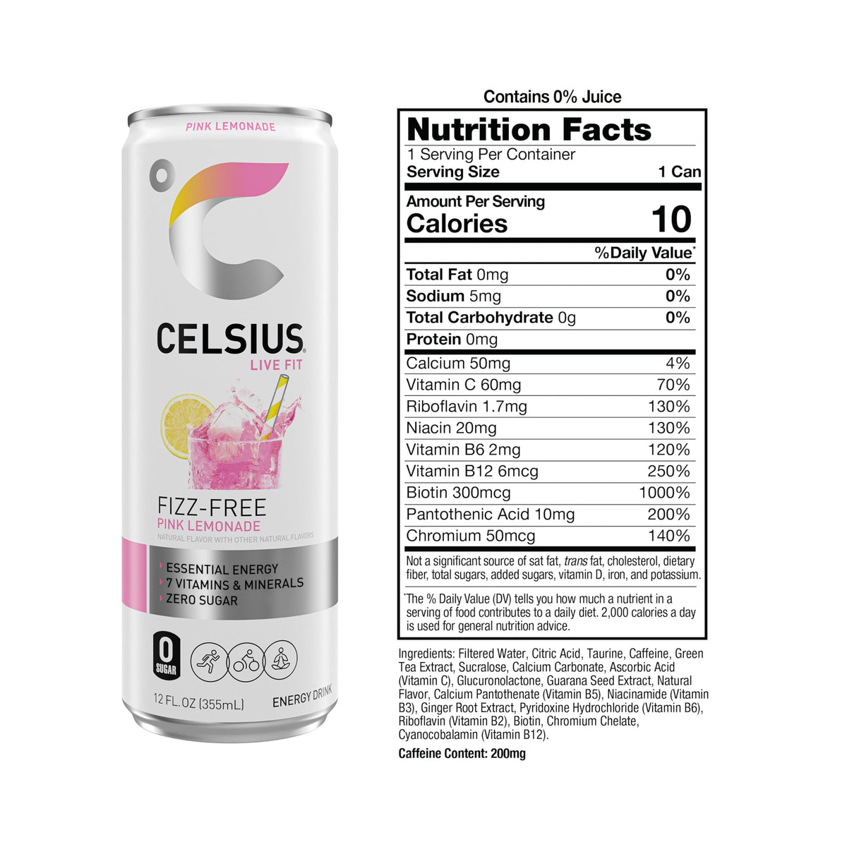 CELSIUS Fizz Free Pink Lemonade pour – refreshing, sugar-free option for workouts.