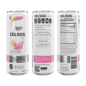 CELSIUS Pink Lemonade can side view – energizing beverage with 200 mg caffeine.