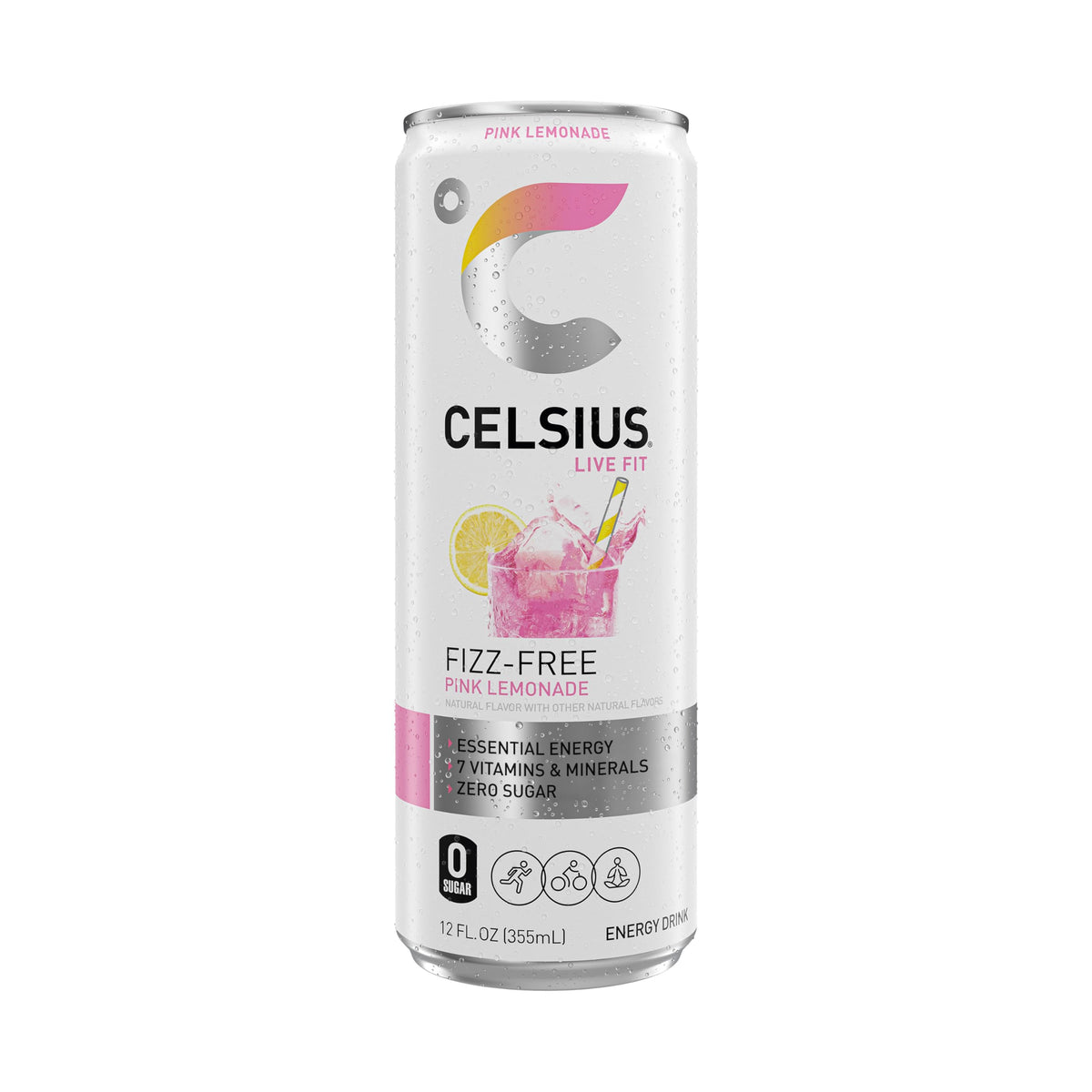 CELSIUS Fizz Free Pink Lemonade hero shot – pack of 12 cans ready for active days.
