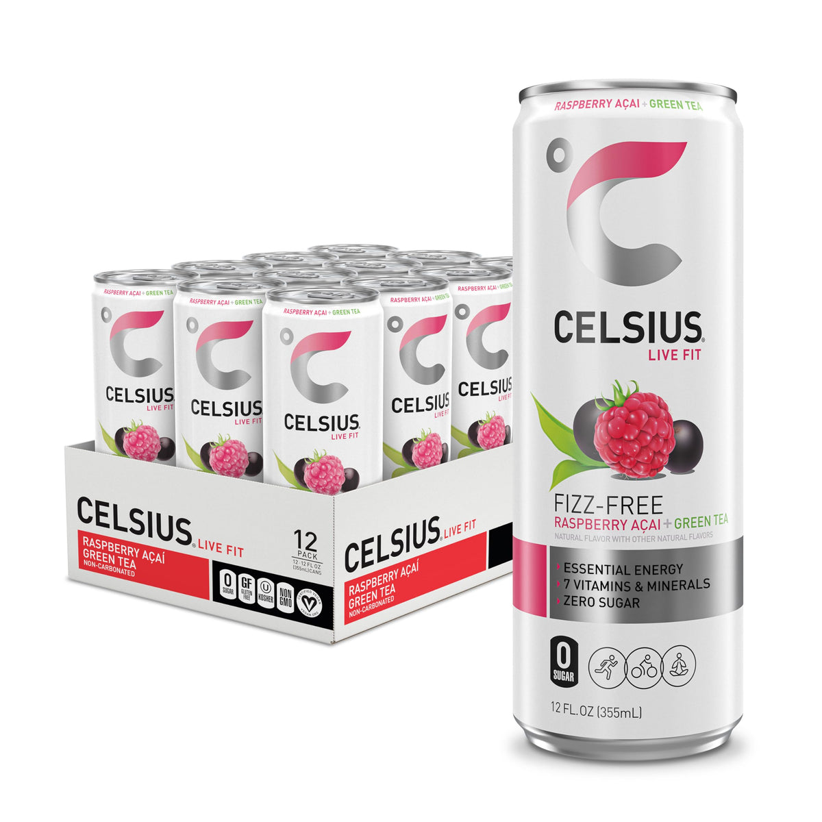 CELSIUS fizz-free raspberry acai green tea can, sugar-free energy for active days.