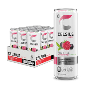 CELSIUS fizz-free raspberry acai green tea can, sugar-free energy for active days.