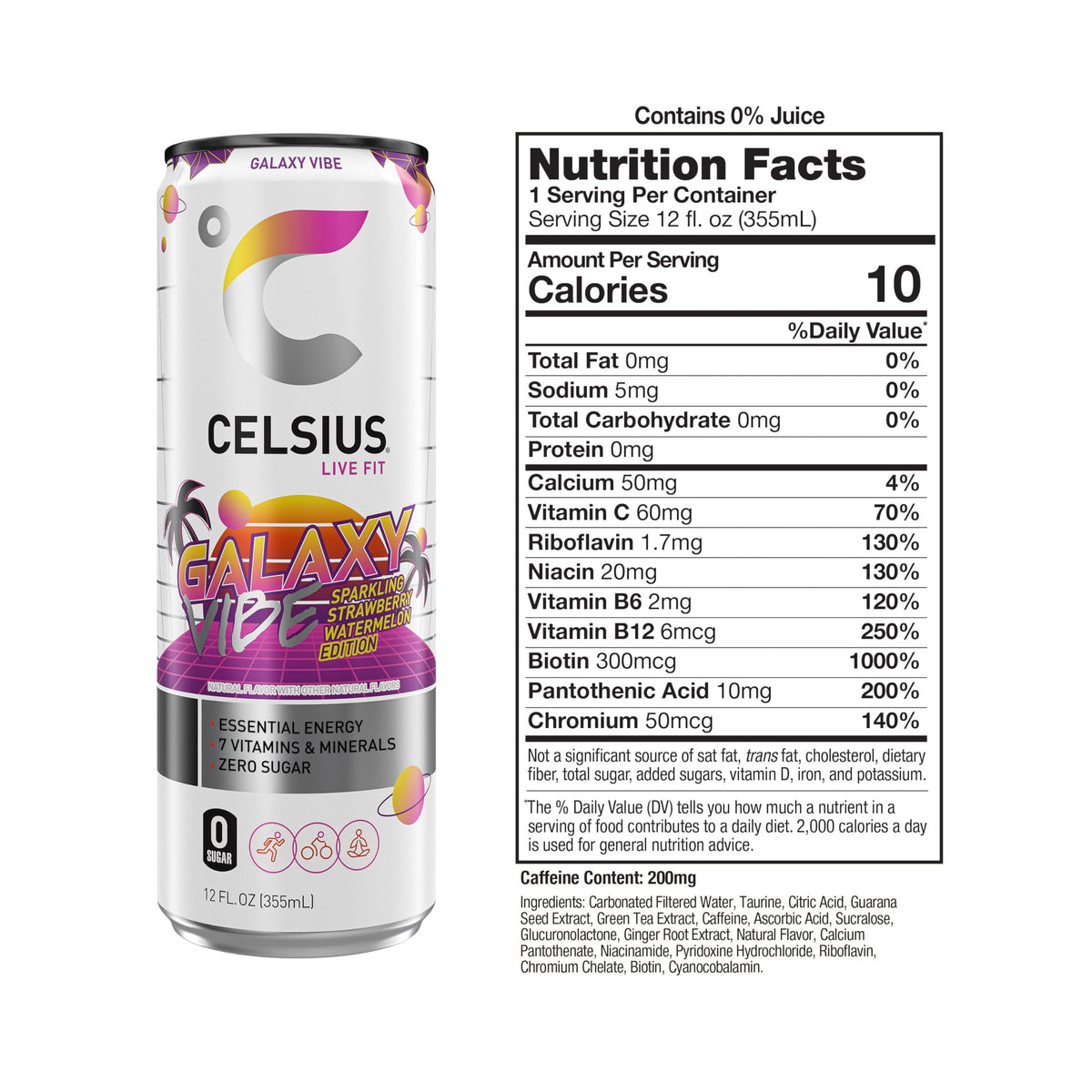 Close-up of CELSIUS Galaxy Vibe can highlighting seven essential vitamins.