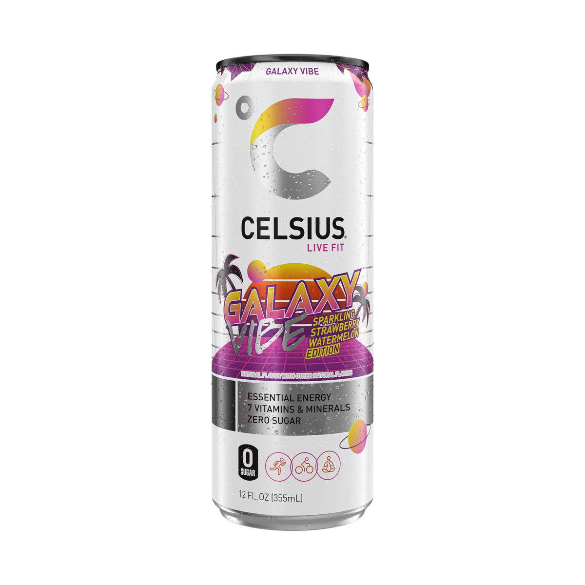 CELSIUS Galaxy Vibe can in a gym setting for an active workout.