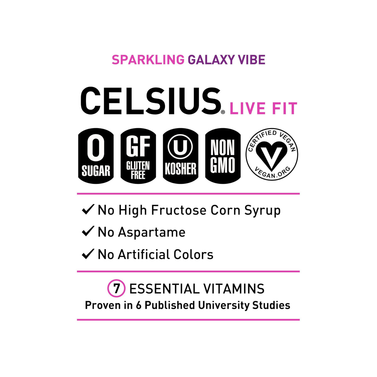 CELSIUS Galaxy Vibe label displaying vegan and gluten-free certifications.