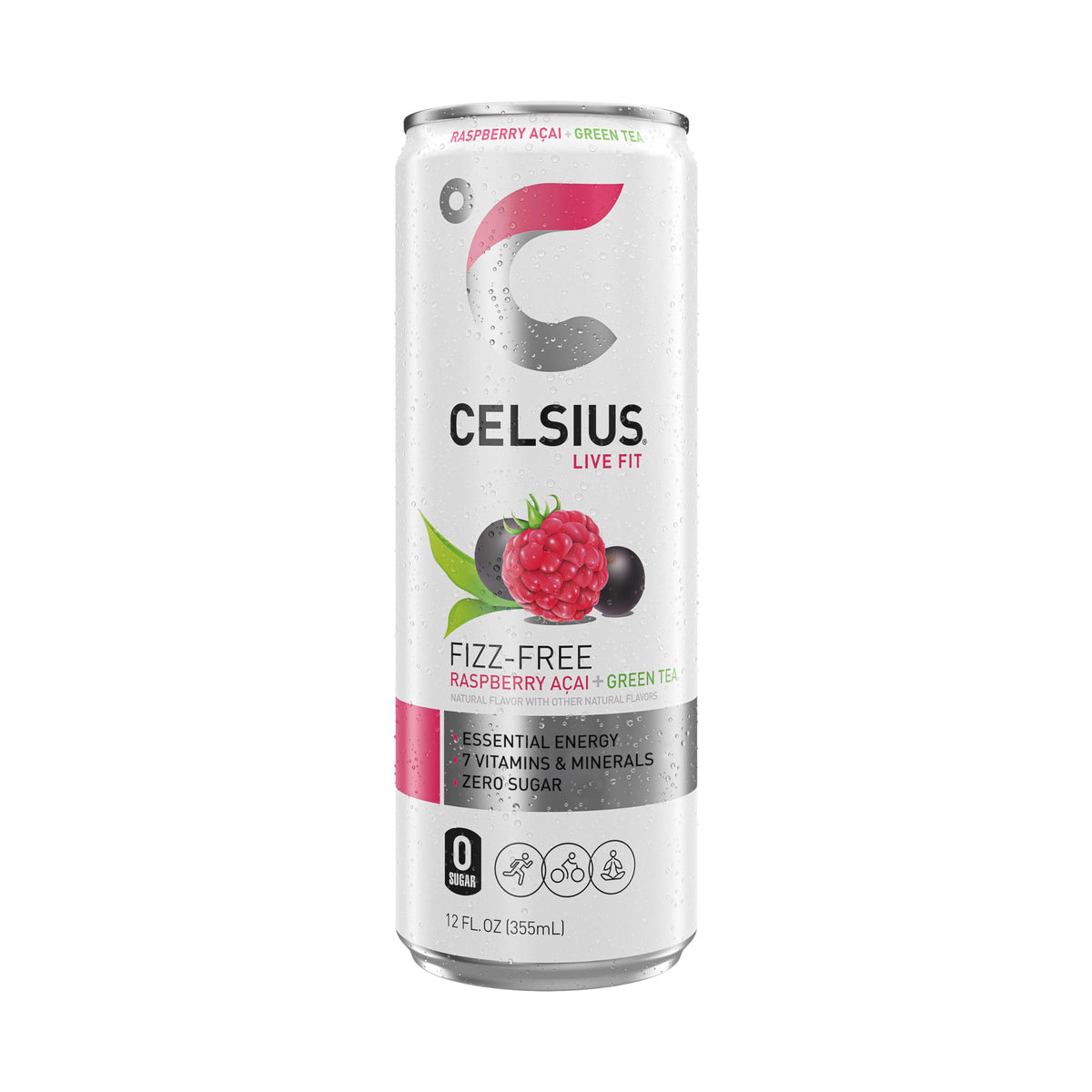 CELSIUS glass with ice evokes refreshing raspberry-acai energy ritual.