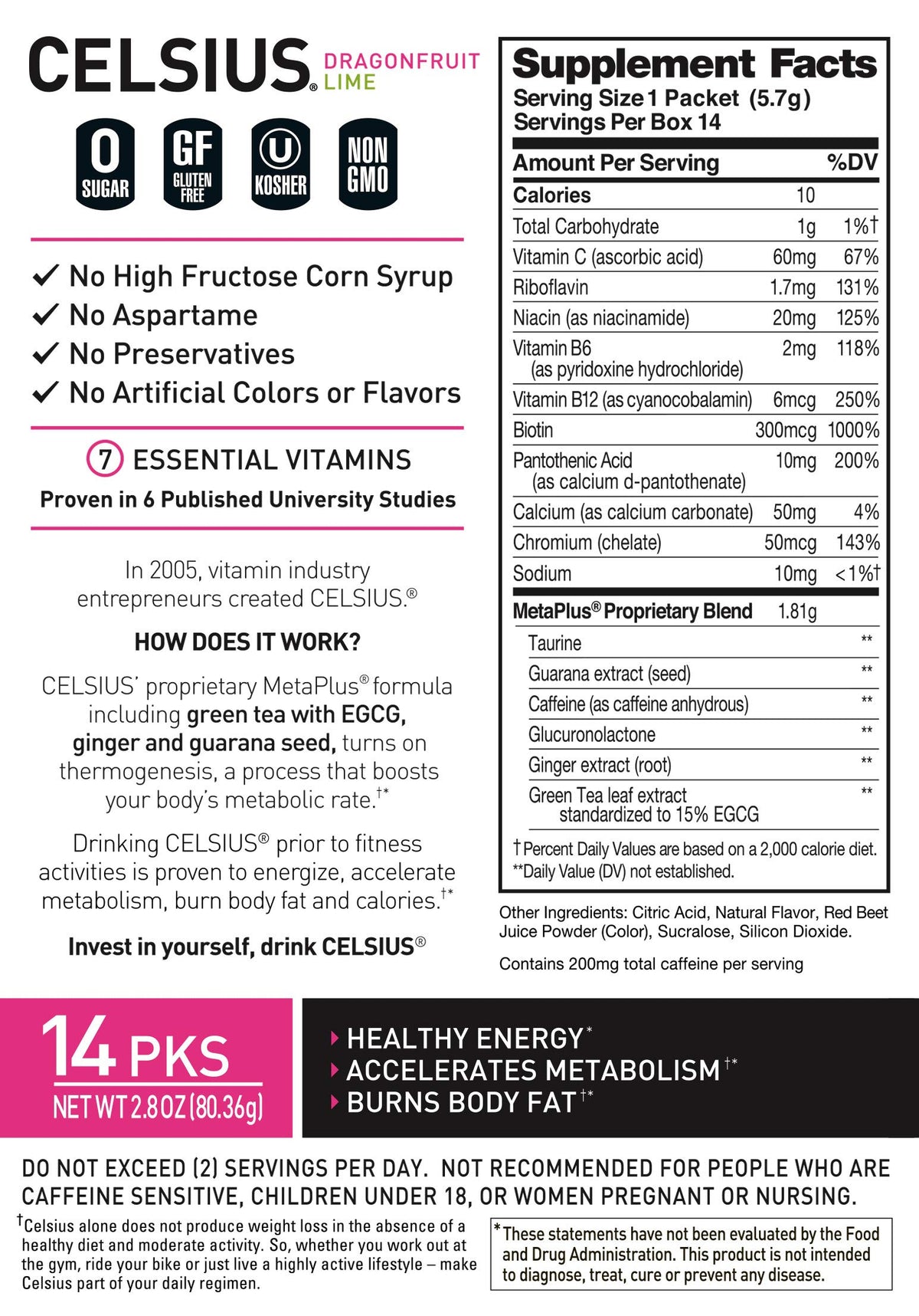 CELSIUS kosher and non-GMO ingredients badge on box.