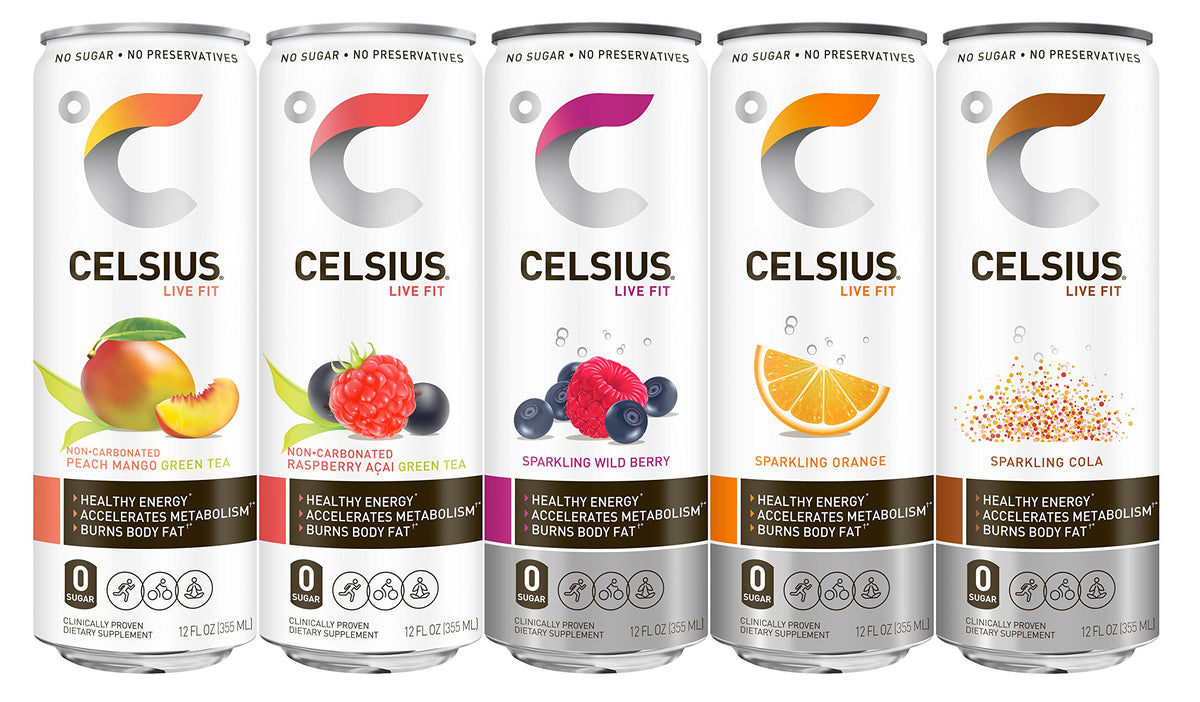 Celsius cans close-up vibrant flavors for pre-workout ritual