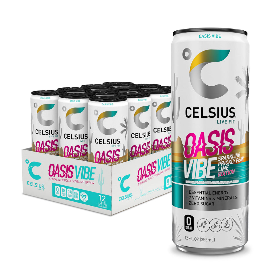 CELSIUS Oasis Vibe prickly pear lime can front showcases sugar free energy boost