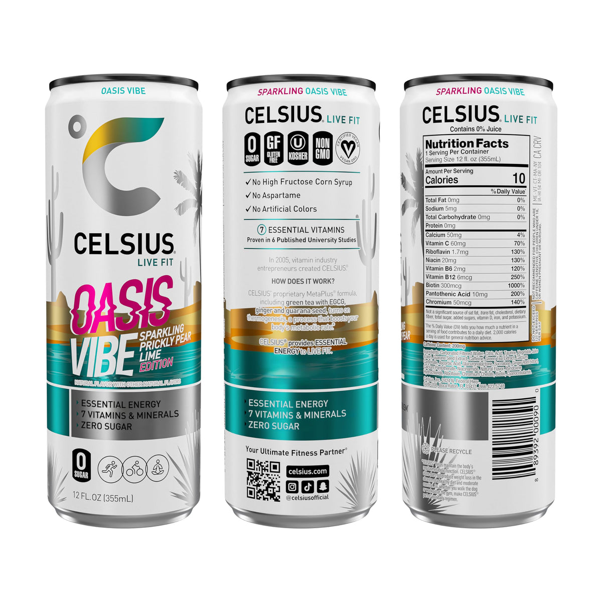 CELSIUS Oasis Vibe prickly pear lime can side highlights premium ingredients for active days