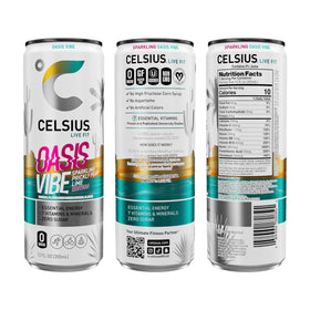 CELSIUS Oasis Vibe prickly pear lime can side highlights premium ingredients for active days