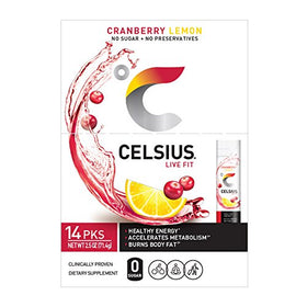 CELSIUS On-The-Go Cranberry Lemon box with 14 sticks for active days.