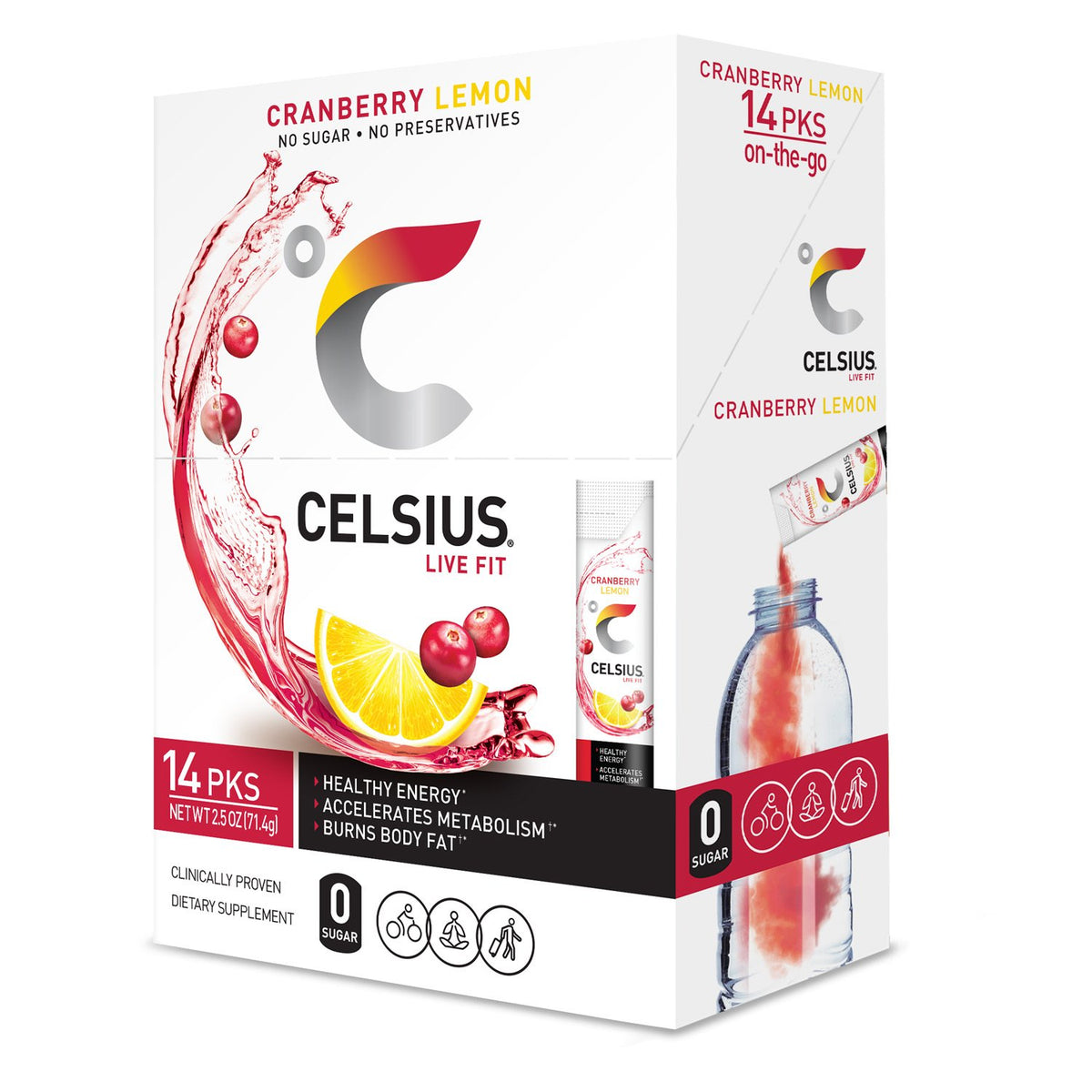 CELSIUS On-The-Go Cranberry Lemon stick mixing in water for portable refreshment.