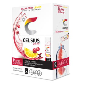 CELSIUS On-The-Go Cranberry Lemon stick mixing in water for portable refreshment.