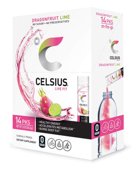 CELSIUS On-The-Go Dragonfruit Lime box showing multiple sticks for workouts.