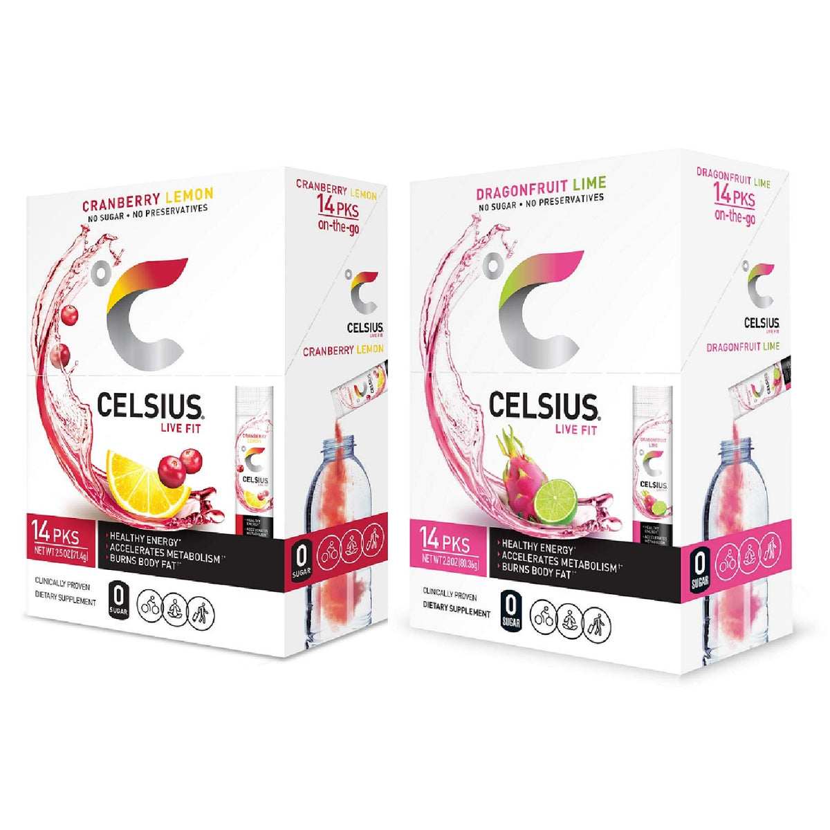 CELSIUS On-The-Go Dragonfruit Lime stick dissolving in water for an energizing drink.