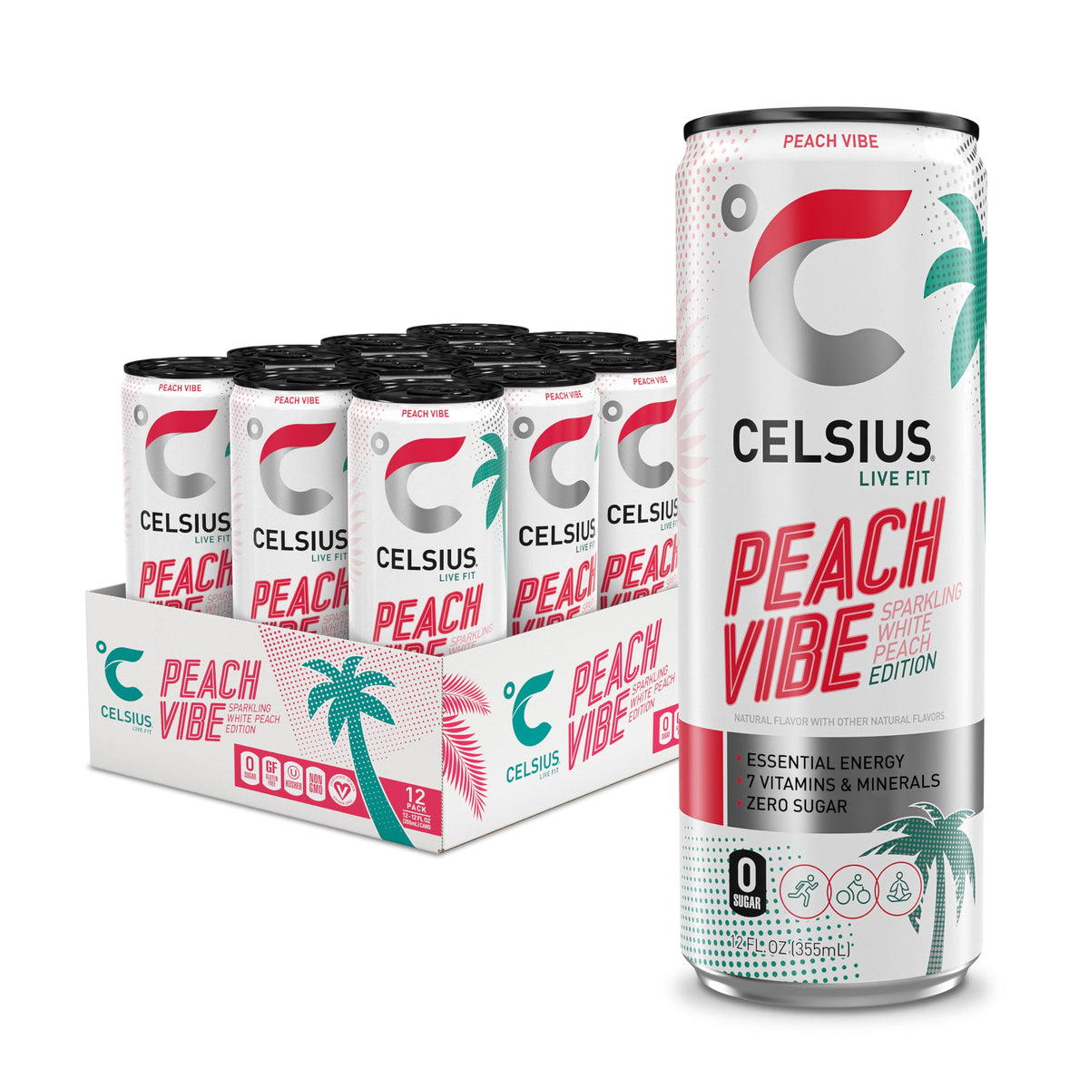 CELSIUS Peach Vibe can-front highlights sugar-free energy for workouts.