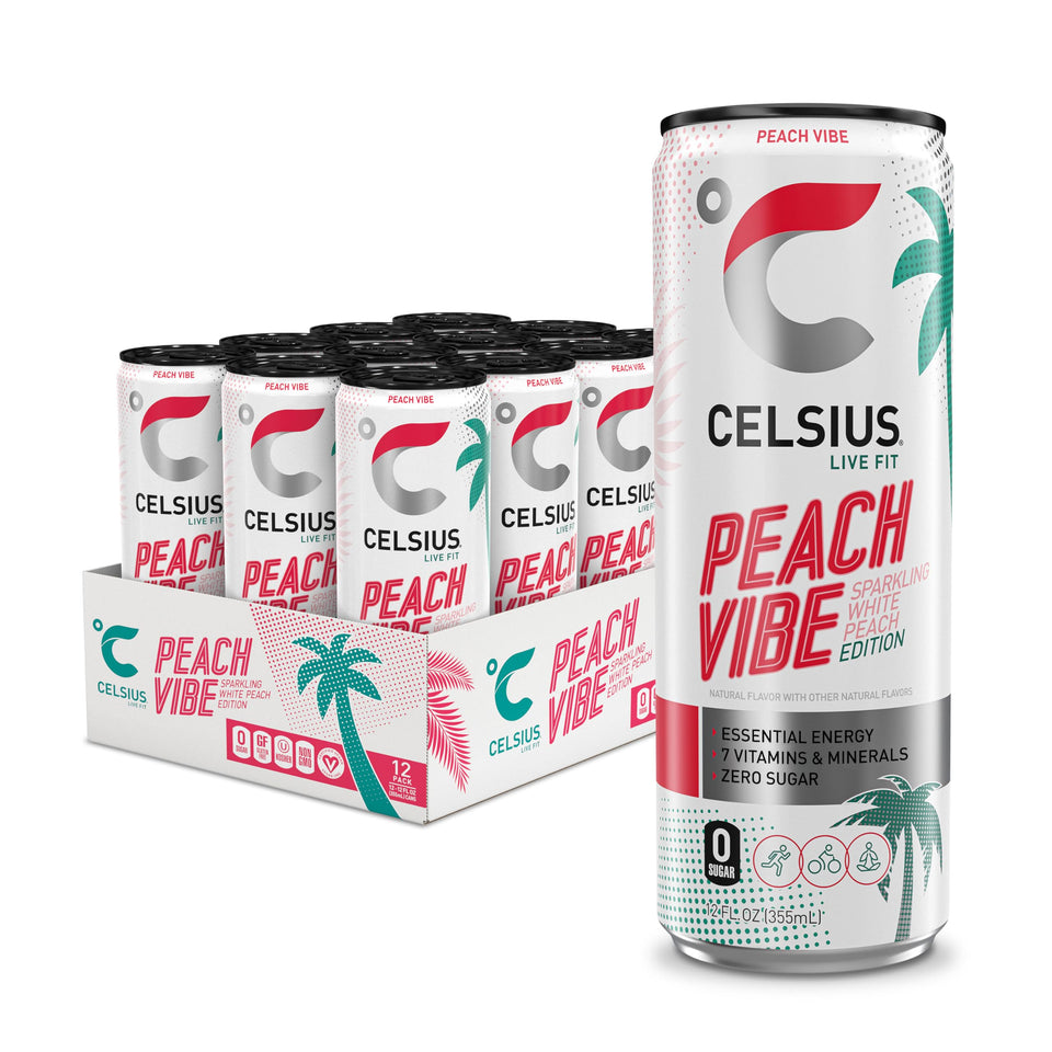 CELSIUS Peach Vibe can-front highlights sugar-free energy for workouts.