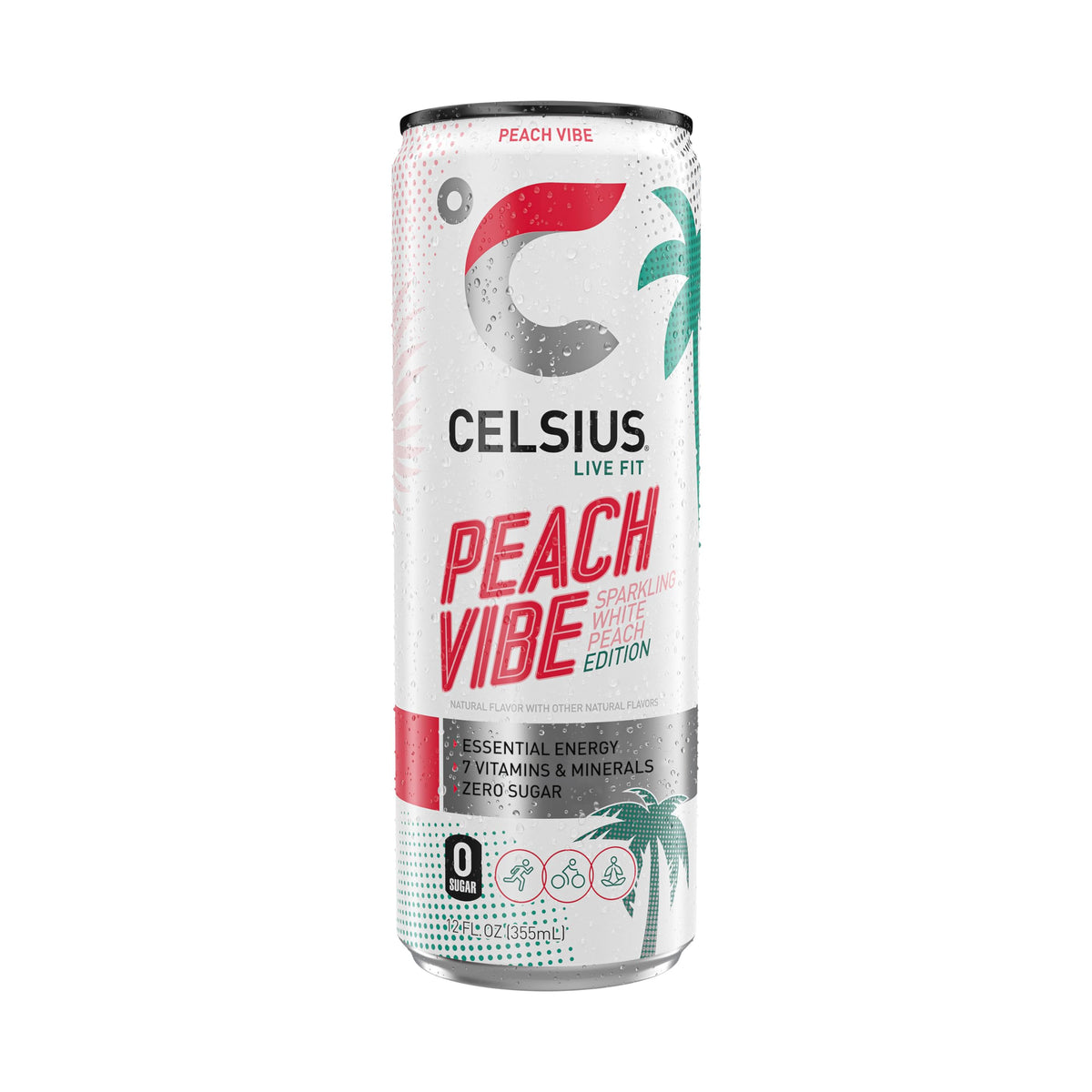 CELSIUS Peach Vibe glass-ice conveys cold, crisp flavor ready to sip.