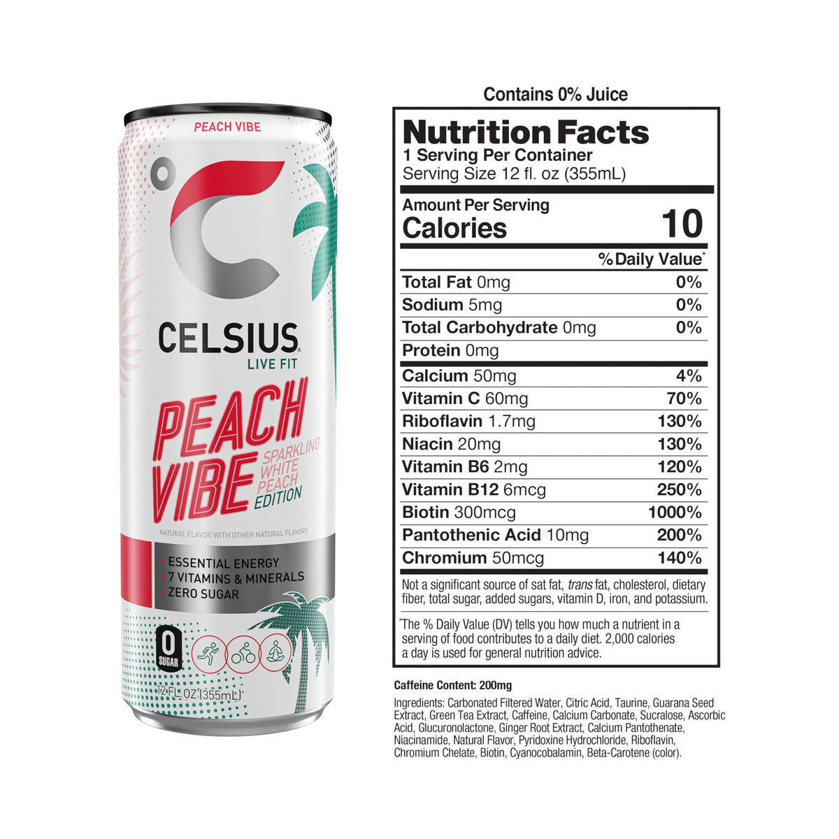 CELSIUS Peach Vibe label-details highlight premium ingredients and no sugar.