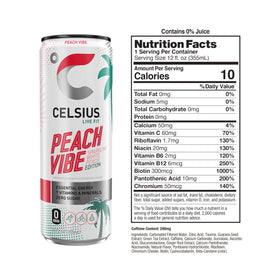 CELSIUS Peach Vibe label-details highlight premium ingredients and no sugar.