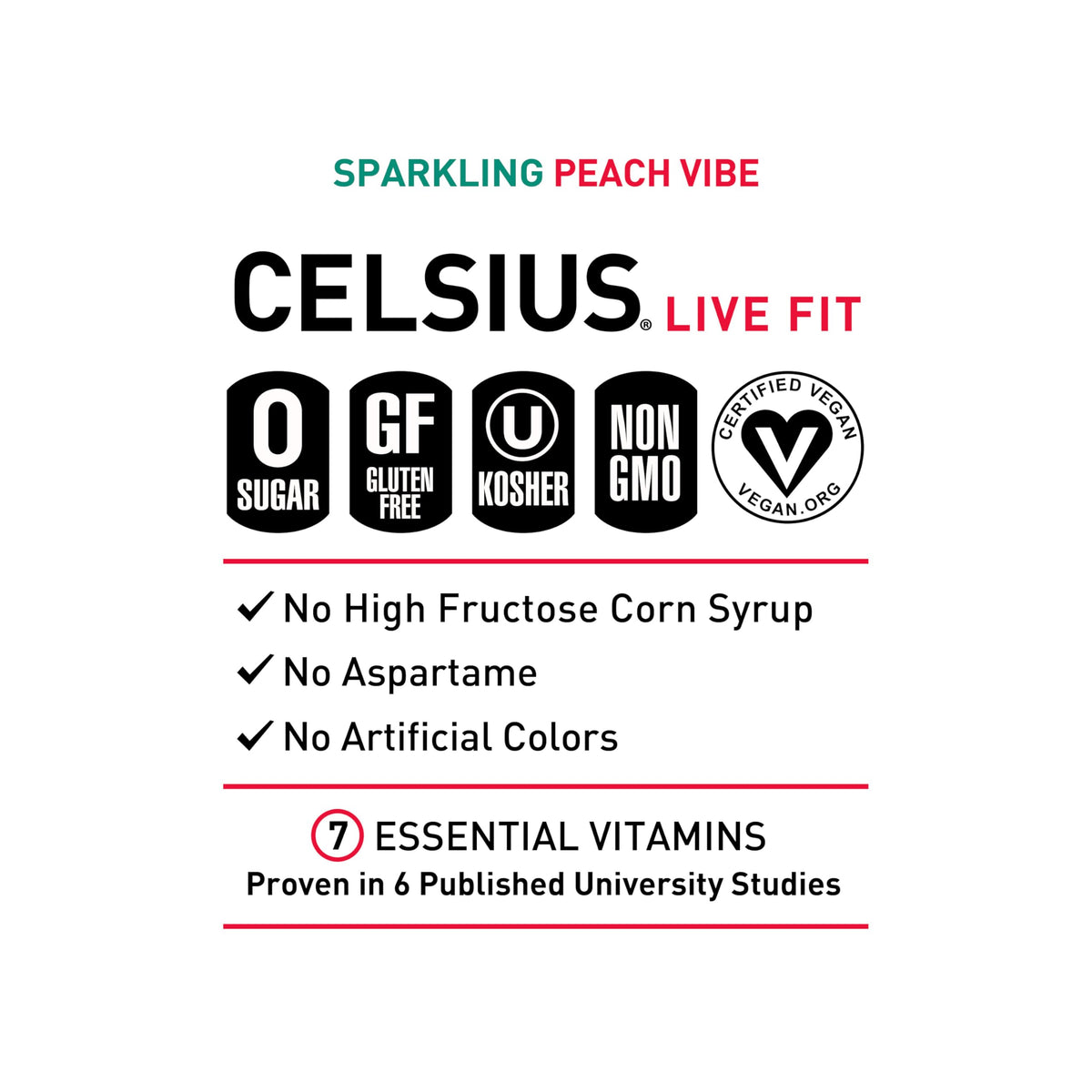 CELSIUS Peach Vibe pack-shot communicates 12-pack convenience for on-the-go.