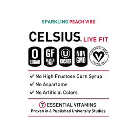 CELSIUS Peach Vibe pack-shot communicates 12-pack convenience for on-the-go.