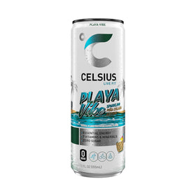 CELSIUS Playa Vibe label highlights vegan, gluten-free, non-GMO benefits.