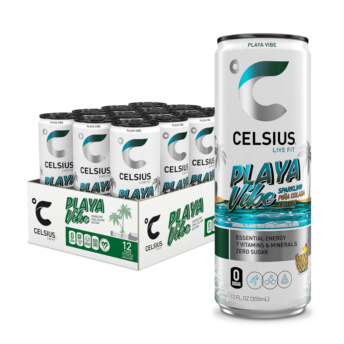 CELSIUS Playa Vibe bottle with Piña Colada flavor, refreshing energy for workouts.