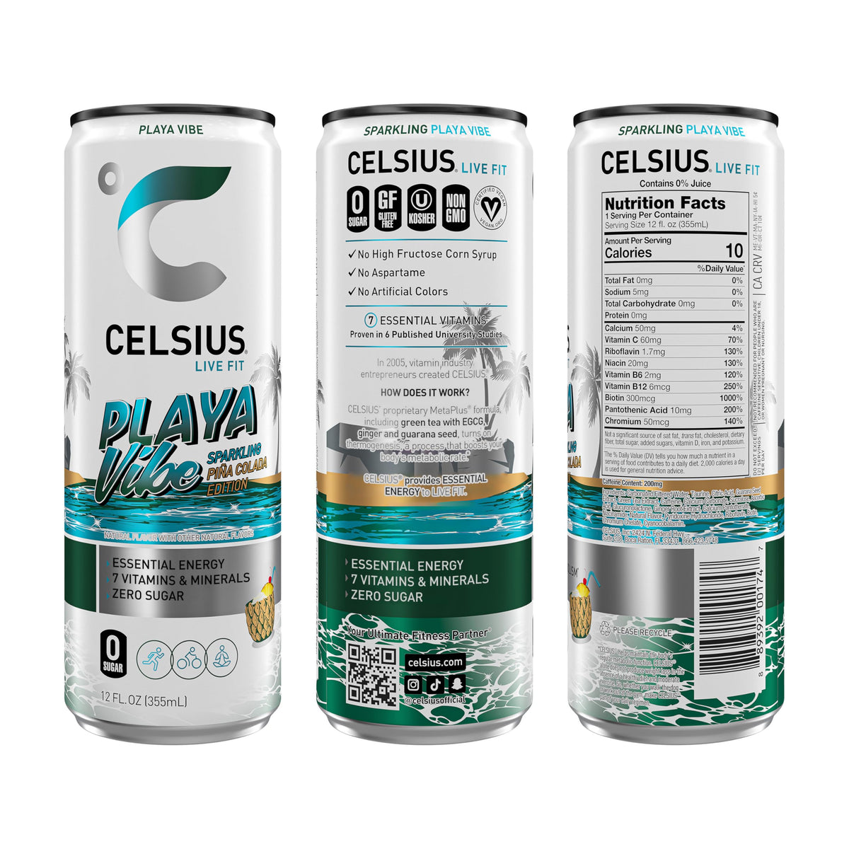 CELSIUS Playa Vibe can front view, Piña Colada flavor and clean energy.
