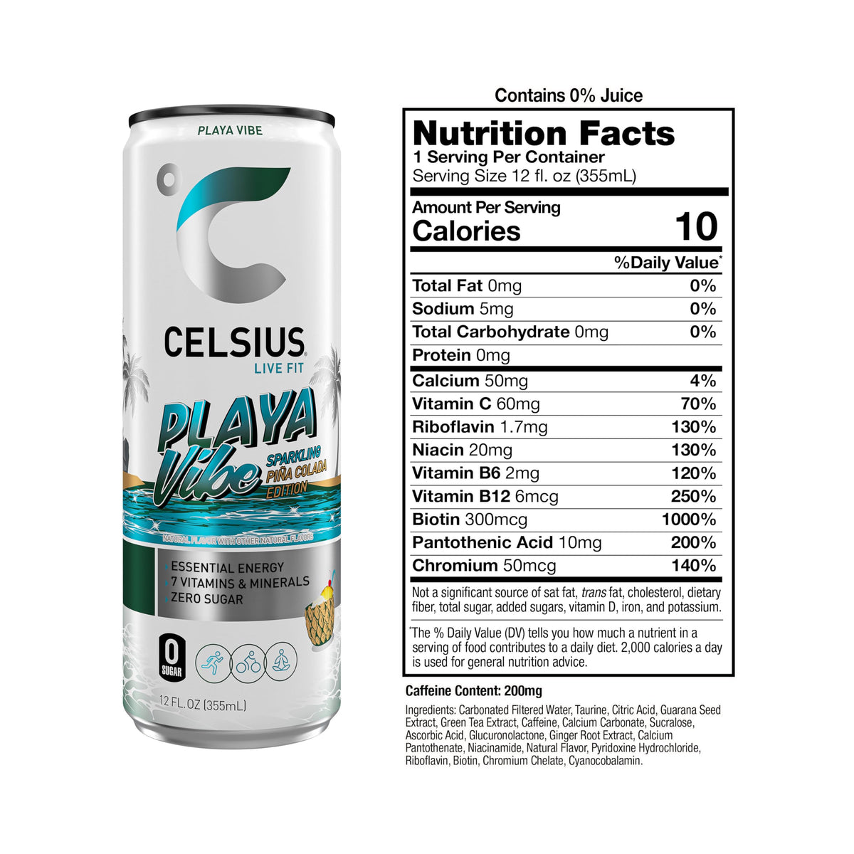 CELSIUS Playa Vibe can side view, zero sugar and crisp taste.