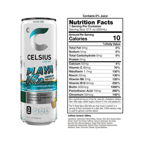 CELSIUS Playa Vibe can side view, zero sugar and crisp taste.