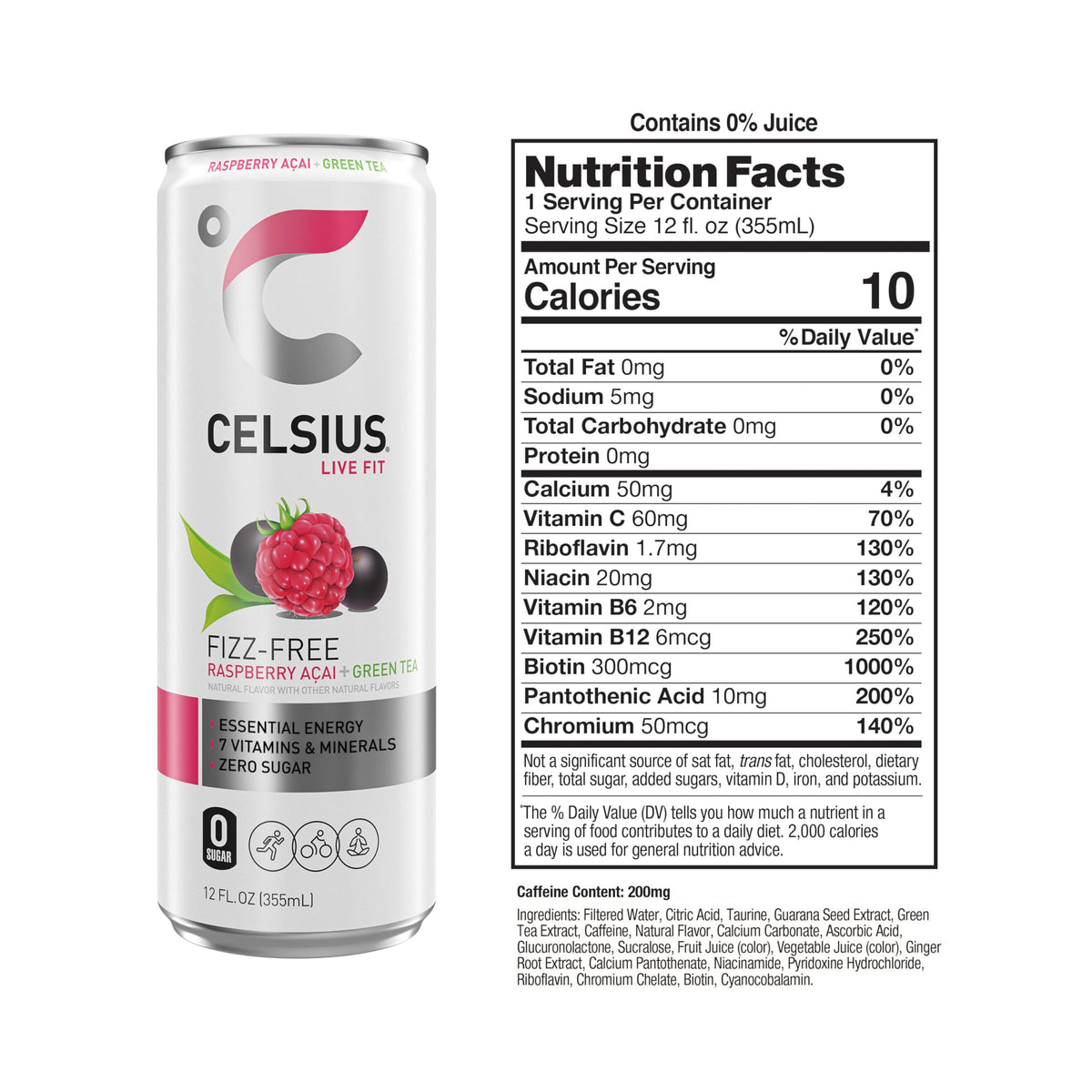 CELSIUS raspberry acai green tea label close-up highlighting quality ingredients.