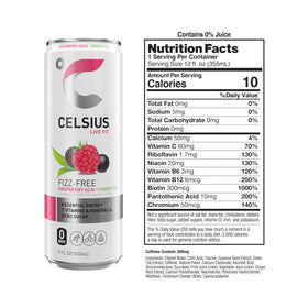 CELSIUS raspberry acai green tea label close-up highlighting quality ingredients.