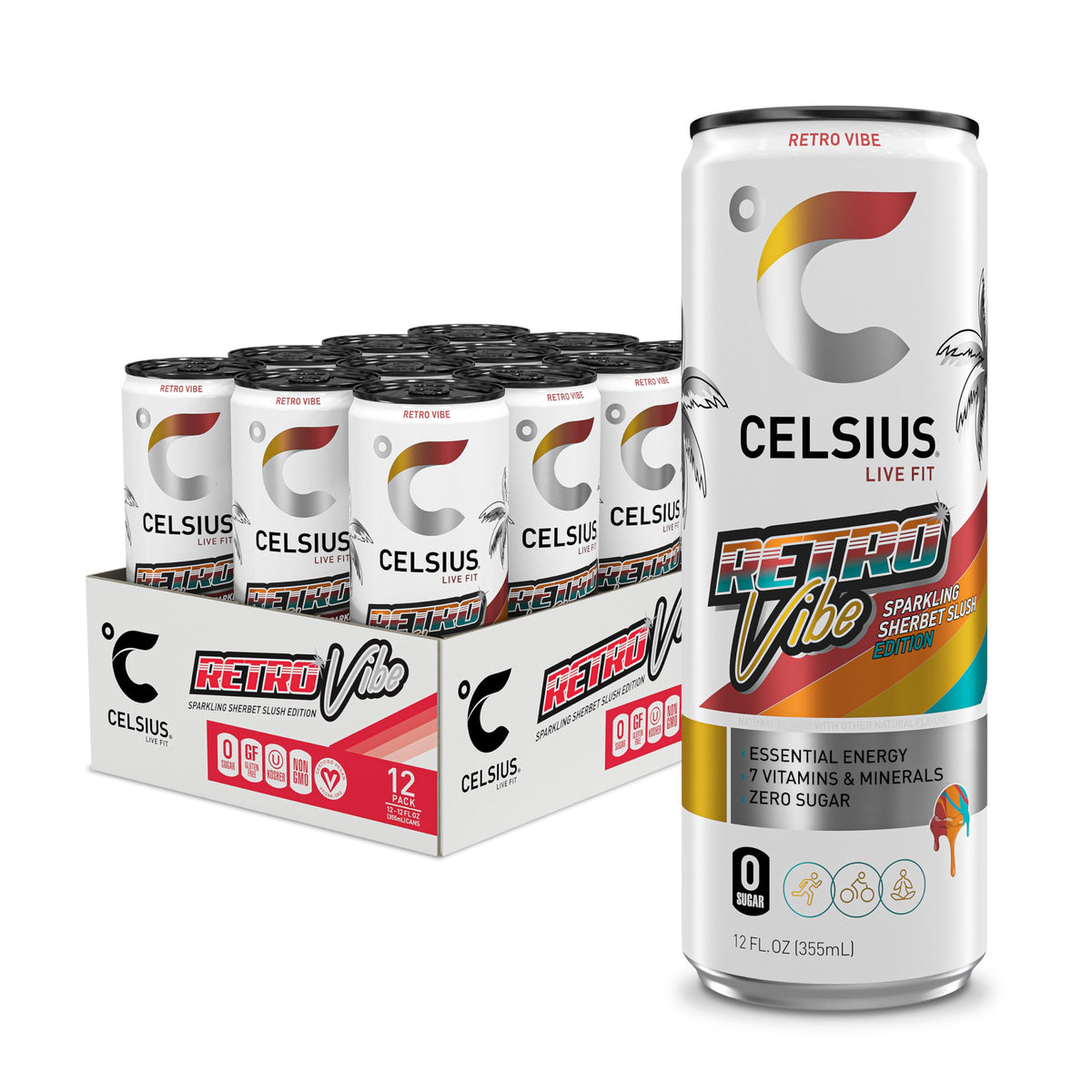 CELSIUS Retro Vibe Sparkling Sherbet Slush bottle highlights a convenient energy boost for active days