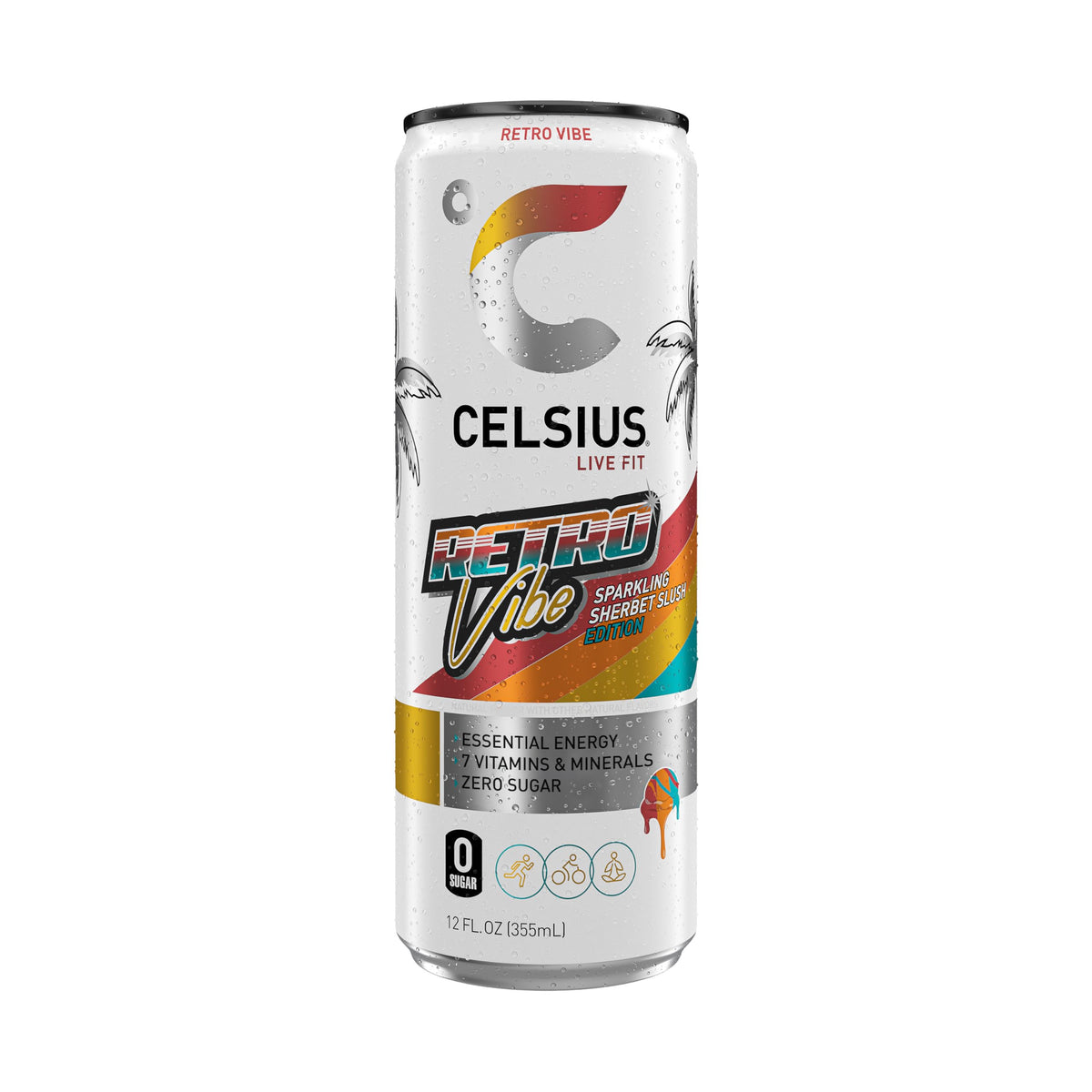 CELSIUS Retro Vibe Sparkling Sherbet Slush ingredients glass showcases green tea and herbs for flavor