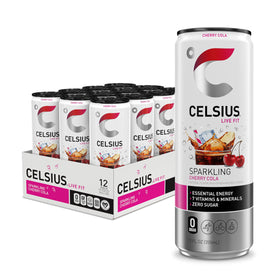 CELSIUS Sparkling Cherry Cola bottle shows zero sugar refreshment for active days