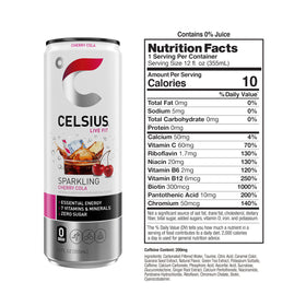 Close-up of CELSIUS Cherry Cola can highlighting clean ingredient profile