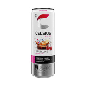 Desk-side CELSIUS Sparkling Cherry Cola for a quick energy boost during work
