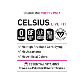 Glass of CELSIUS Sparkling Cherry Cola poured over ice for a crisp chill