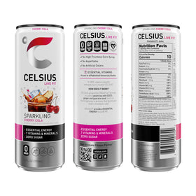 Pack of 12 CELSIUS Sparkling Cherry Cola cans for on-the-go energy