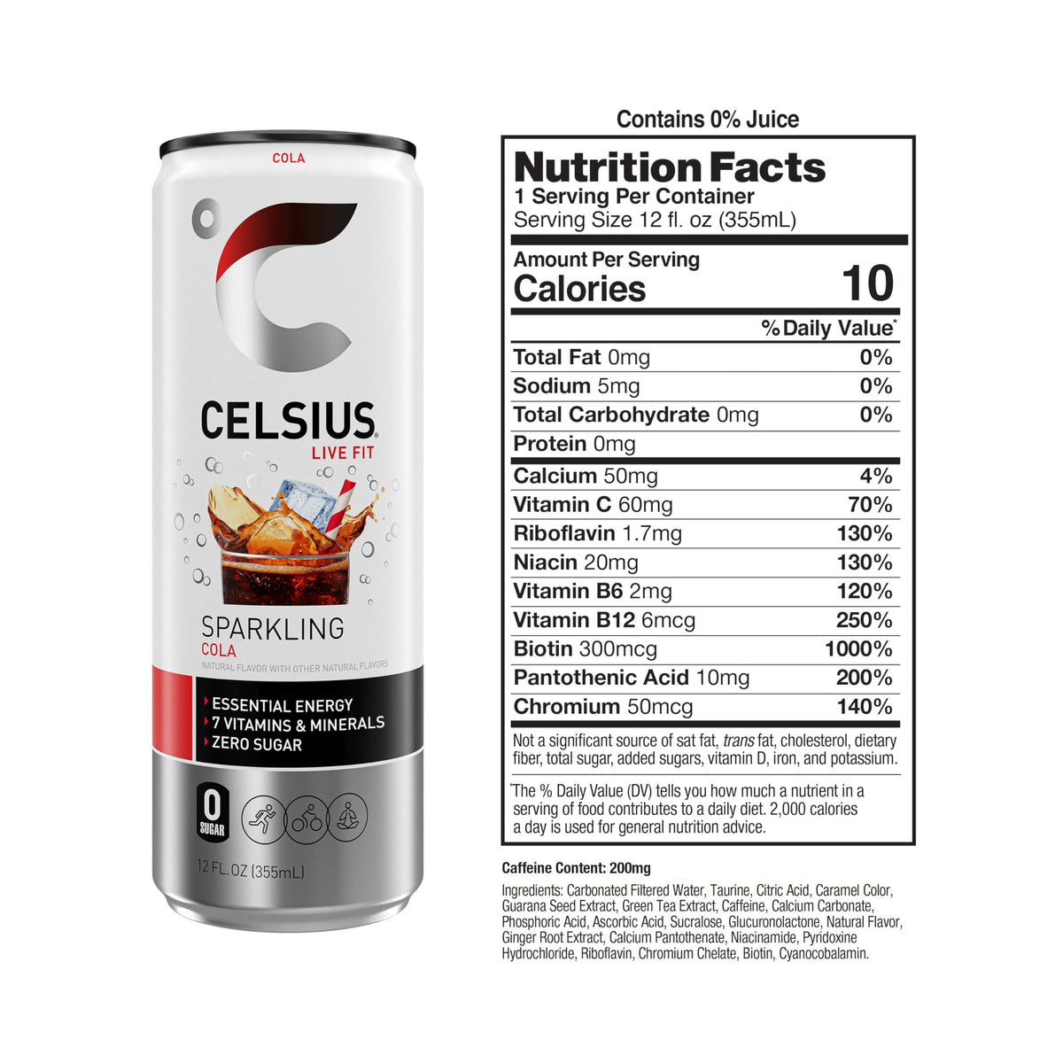 CELSIUS Sparkling Cola can side view, highlights zero sugar and clean ingredients.