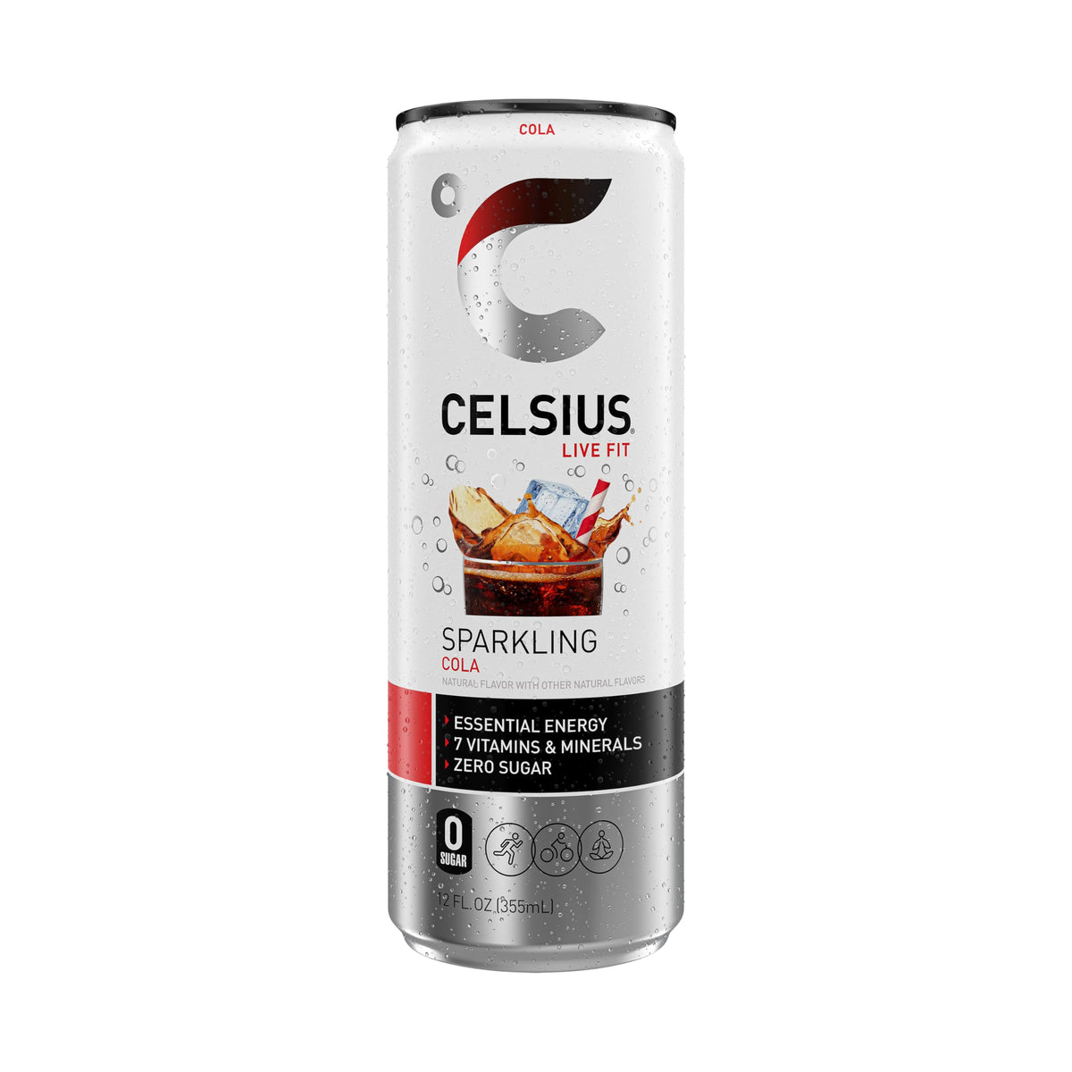 CELSIUS Sparkling Cola ingredients panel showing vitamins for daily energy support.