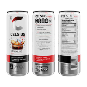 CELSIUS Sparkling Cola 12-pack on shelf, convenient energy for active days.