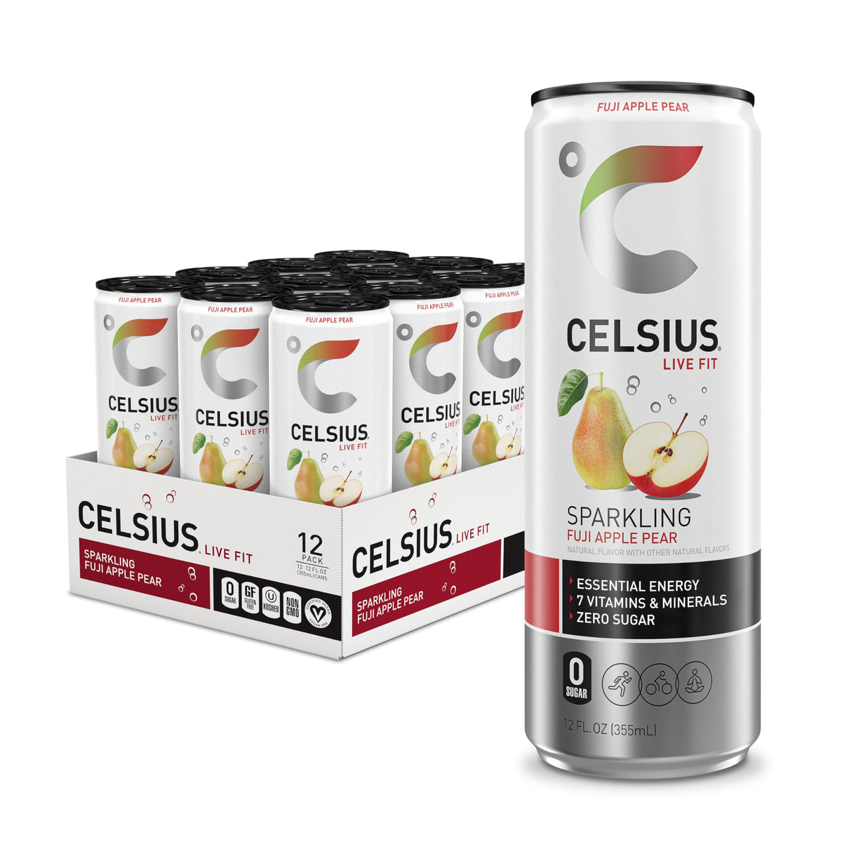 Celsius Sparkling Fuji Apple Pear can showing crisp energy for workouts.