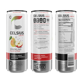 Close-up of Celsius Sparkling Fuji Apple Pear bottle highlighting refreshing energy.