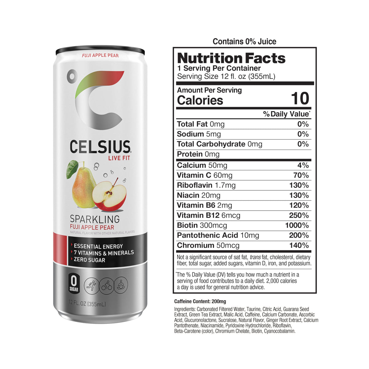 Ingredients panel on Celsius Sparkling Fuji Apple Pear signaling premium energy blend.