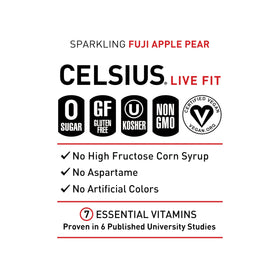 Poured Celsius Sparkling Fuji Apple Pear into glass with bubbly pre-workout energy.