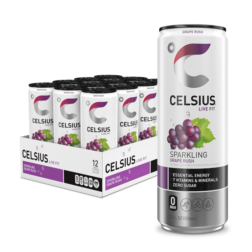Celsius Sparkling Grape Rush bottle showing vibrant energy-ready design.